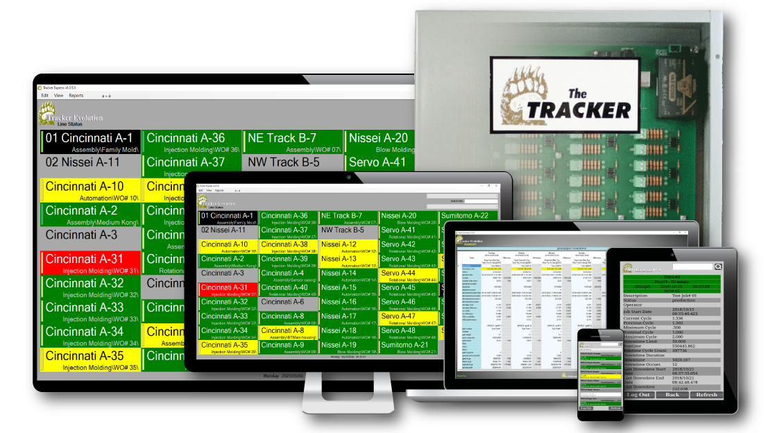tracker production monitoring system interface and software screens on devices